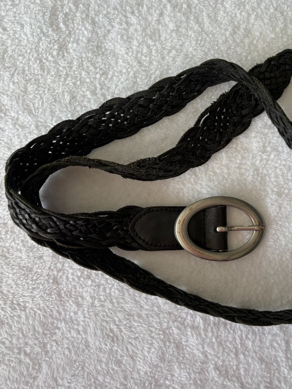 90s Talbots Black Woven Braided Genuine Leather Belt Silver Tone Oval Buckle M